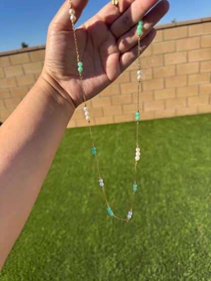 Handmade Gold Necklace with Australian Chrysoprase and Pearls - Adjustable (62-67cm) - Image 6