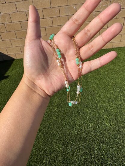 Handmade Gold Necklace with Australian Chrysoprase and Pearls - Adjustable (62-67cm) - Image 8