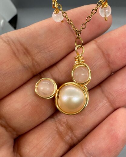 Gold Rose Quartz and Pearl Mickey Handmade Necklace (16-22inch) - Image 4