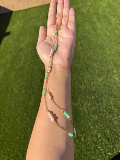 Handmade Gold Necklace with Australian Chrysoprase and Pearls - Adjustable (62-67cm) - Image 7