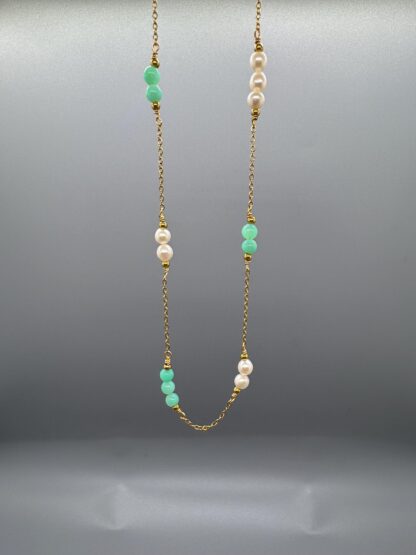 Handmade Gold Necklace with Australian Chrysoprase and Pearls - Adjustable (62-67cm) - Image 9