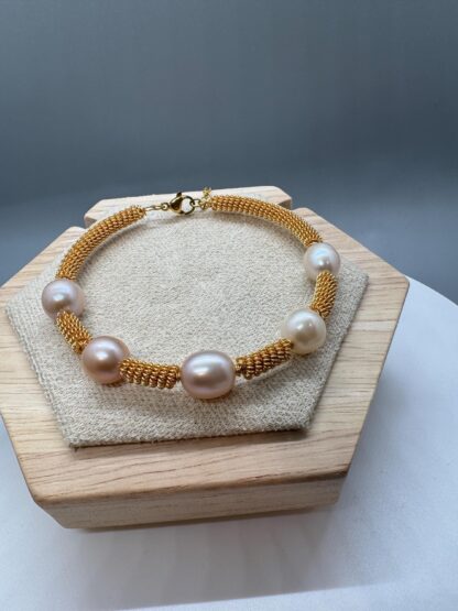 Gold Plated Twisted Spiral Natural Pearl Bracelet - Image 9