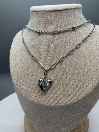 Double Layer Heart  Necklace with Aquamarine strand and a paper clip layer. - Image 6