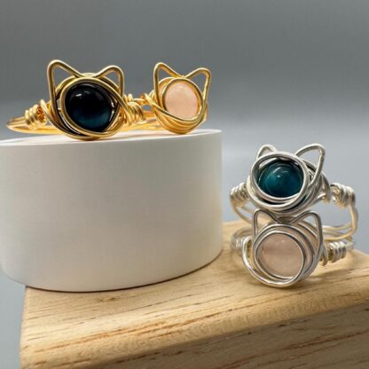 Cat Blue Tigers Eye or Pink Quartz Wire Wrapped Ring - Image 6