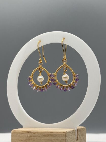 Wire Wrapped Natural Gemstone and Pearls Drop Earrings - Image 4