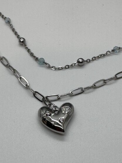 Double Layer Heart  Necklace with Aquamarine strand and a paper clip layer. - Image 4