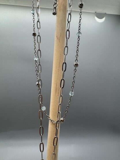 Double Layer Heart  Necklace with Aquamarine strand and a paper clip layer. - Image 5