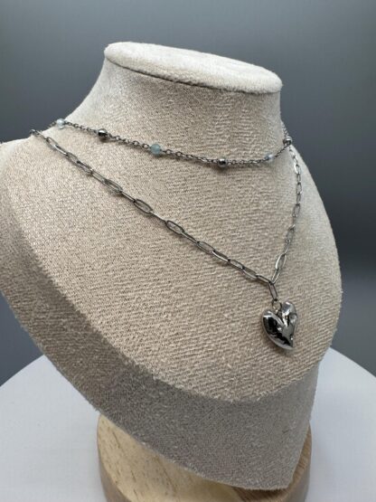 Double Layer Heart  Necklace with Aquamarine strand and a paper clip layer. - Image 7