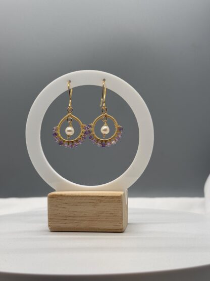 Wire Wrapped Natural Gemstone and Pearls Drop Earrings - Image 6