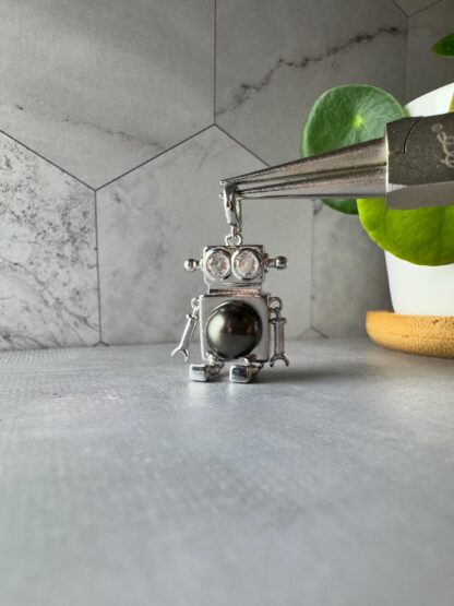 Certified Genuine Tahitian Black Pearl Robot Pendant with CZ eyes - Image 4