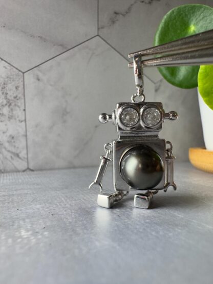 Certified Genuine Tahitian Black Pearl Robot Pendant with CZ eyes - Image 5