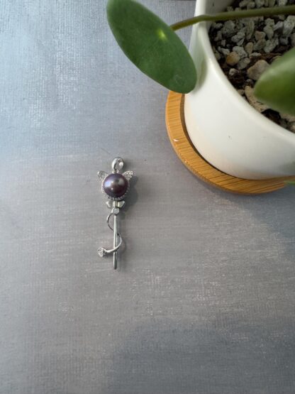 Cute Cat Pearl Pendant – Sterling Silver & Demon Purple Freshwater Pearl with CZ Accents - Image 5