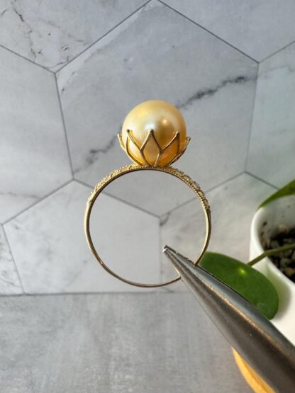 South Sea Golden Pearl Ring – 18K Solid Gold, Lotus Setting, Diamond Accents, Certified, Size US 7.5 - Image 9