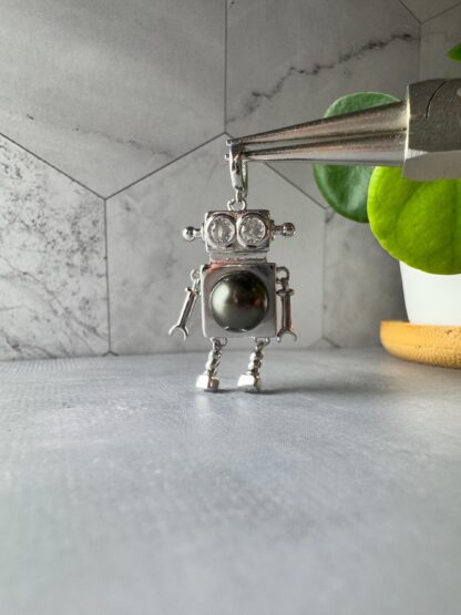Certified Genuine Tahitian Black Pearl Robot Pendant with CZ eyes - Image 7