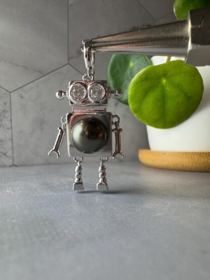 Certified Genuine Tahitian Black Pearl Robot Pendant with CZ eyes - Image 8
