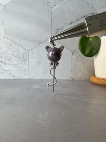 Cute Cat Pearl Pendant – Sterling Silver & Demon Purple Freshwater Pearl with CZ Accents - Image 4