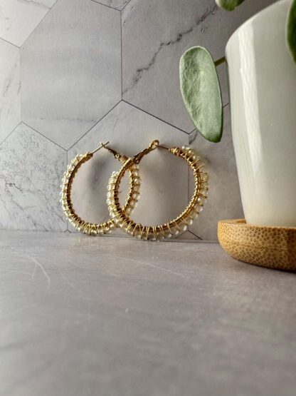 Prehnite Crystal Hoop Earrings – 18K Gold PVD Stainless Steel, Hand-Wrapped with Gold-Plated Wire, 65 mm - Image 5