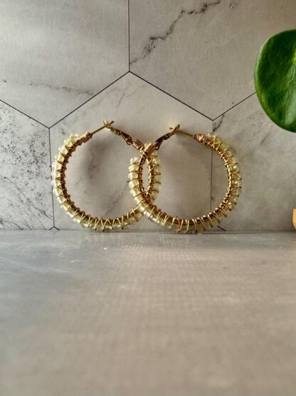 Prehnite Crystal Hoop Earrings – 18K Gold PVD Stainless Steel, Hand-Wrapped with Gold-Plated Wire, 65 mm - Image 4