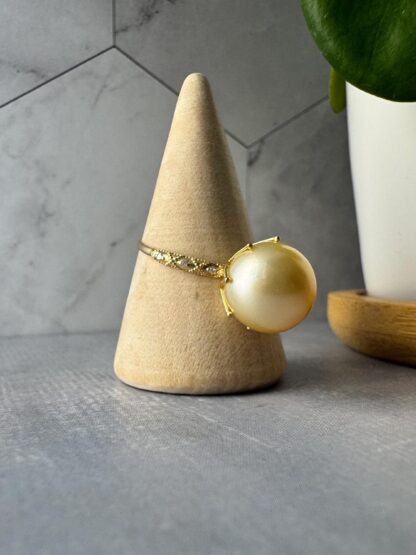 South Sea Golden Pearl Ring – 18K Solid Gold, Lotus Setting, Diamond Accents, Certified, Size US 7.5 - Image 5