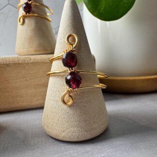 18K Gold Plated Spiral Wire-Wrapped Ring with Two Faceted Garnet Beads - Minimalist Jewelry