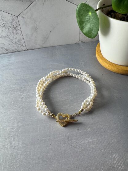 Petite Triple Strand Pearl Bracelet – Braided 3mm Pearls with Heart Toggle Clasp, 18K Gold Plated S925, Fits 15cm Wrist - Image 5