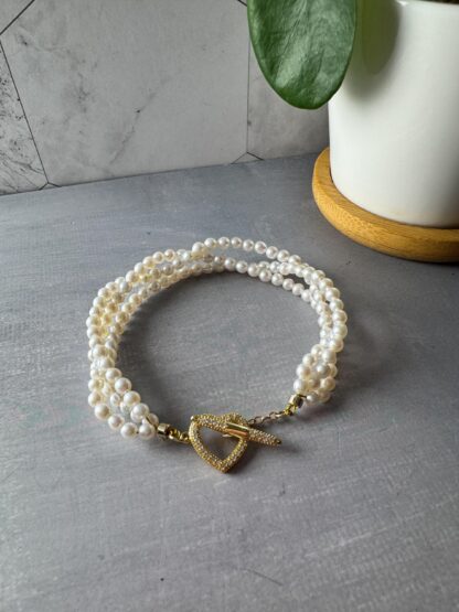 Petite Triple Strand Pearl Bracelet – Braided 3mm Pearls with Heart Toggle Clasp, 18K Gold Plated S925, Fits 15cm Wrist - Image 6