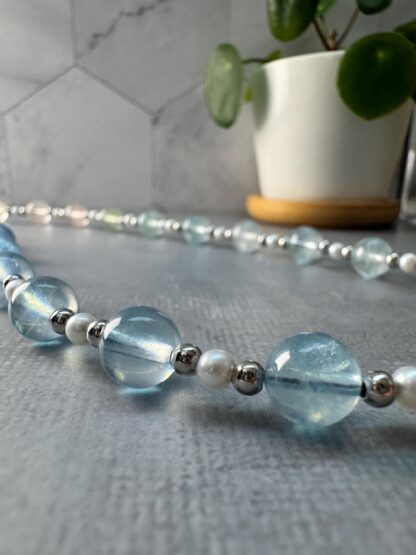 Gradient Natural Aquamarine Freshwater Pearl Necklace with Sterling Silver Beads & Heart Sliding Clasp(Adjustable 42 to 47cm) - Image 4
