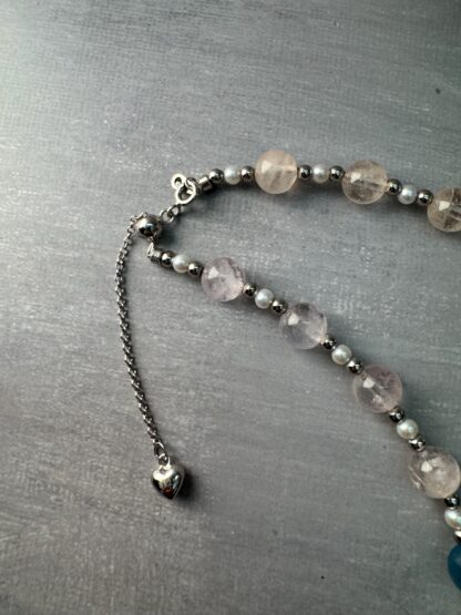 Gradient Natural Aquamarine Freshwater Pearl Necklace with Sterling Silver Beads & Heart Sliding Clasp(Adjustable 42 to 47cm) - Image 5