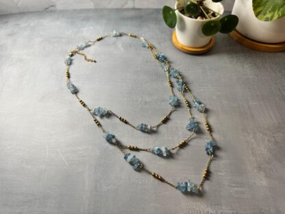 Three-Layer Aquamarine Chip Bead Necklace – 18K Gold PVD Stainless Steel Chain – Adjustable Summer Beachy Layered Necklace - Image 5