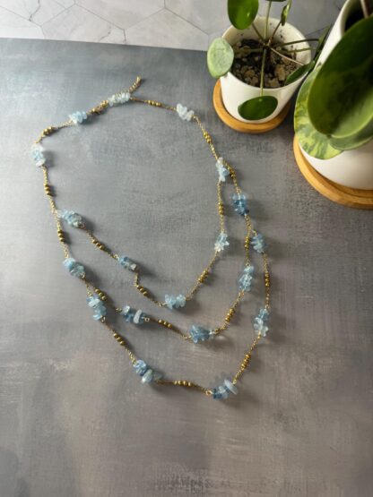 Three-Layer Aquamarine Chip Bead Necklace – 18K Gold PVD Stainless Steel Chain – Adjustable Summer Beachy Layered Necklace - Image 4