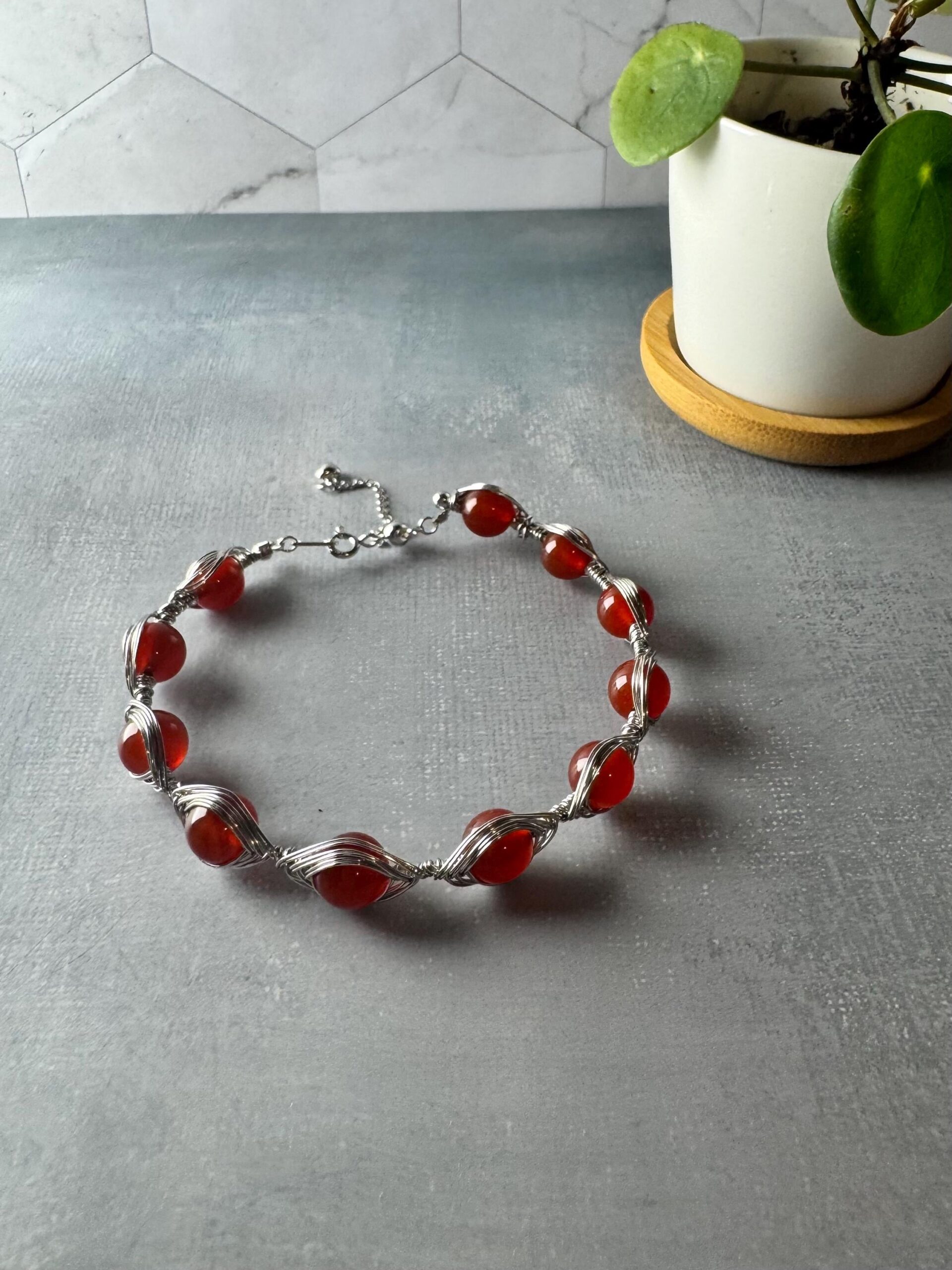 Carnelian Wire-Wrapped Bracelet | Rhodium-Plated S925 Sterling Silver | Adjustable Handmade Jewelry - Image 4