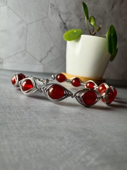 Carnelian Wire-Wrapped Bracelet | Rhodium-Plated S925 Sterling Silver | Adjustable Handmade Jewelry - Image 2