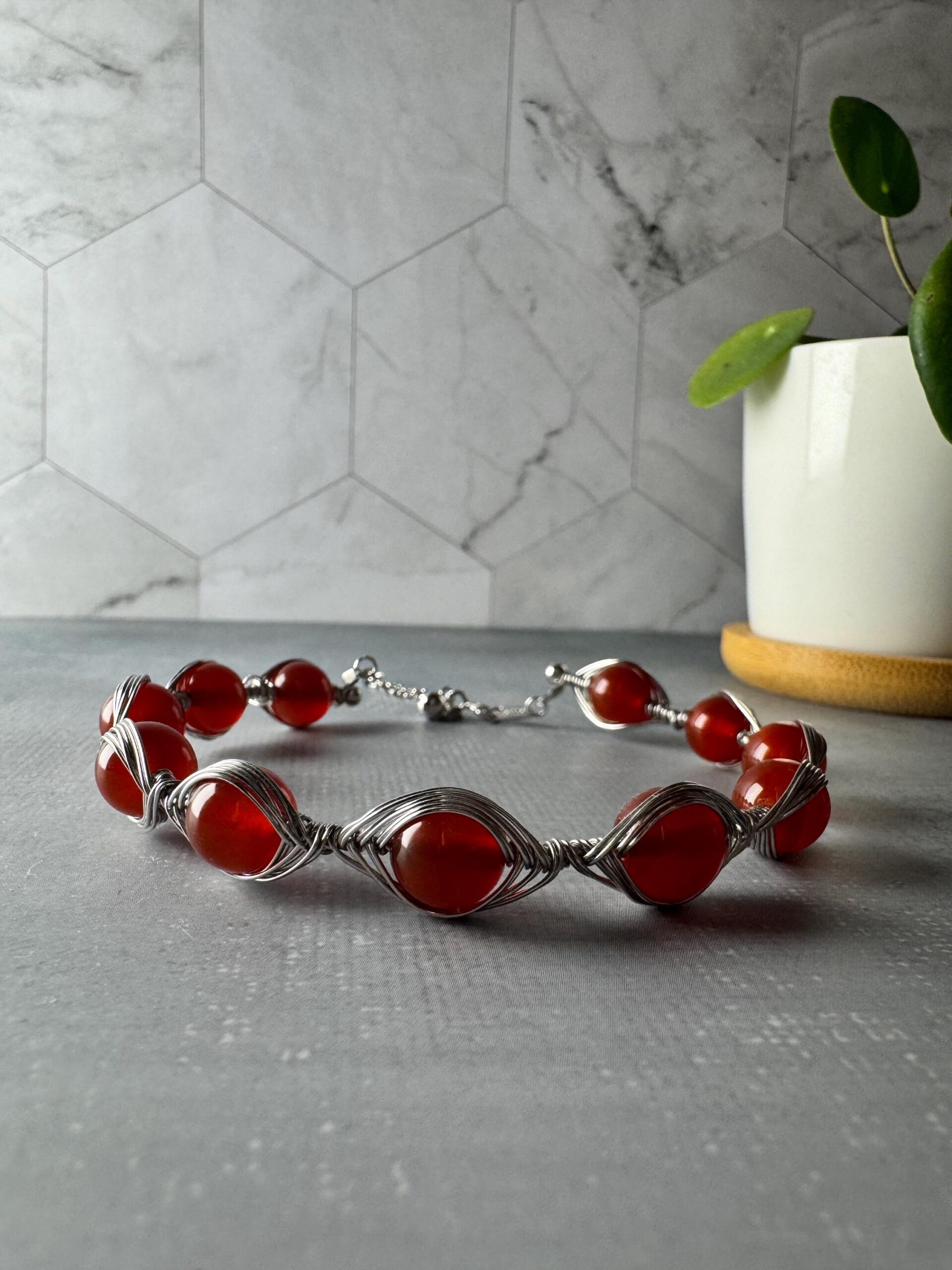 Carnelian Wire-Wrapped Bracelet | Rhodium-Plated S925 Sterling Silver | Adjustable Handmade Jewelry - Image 5