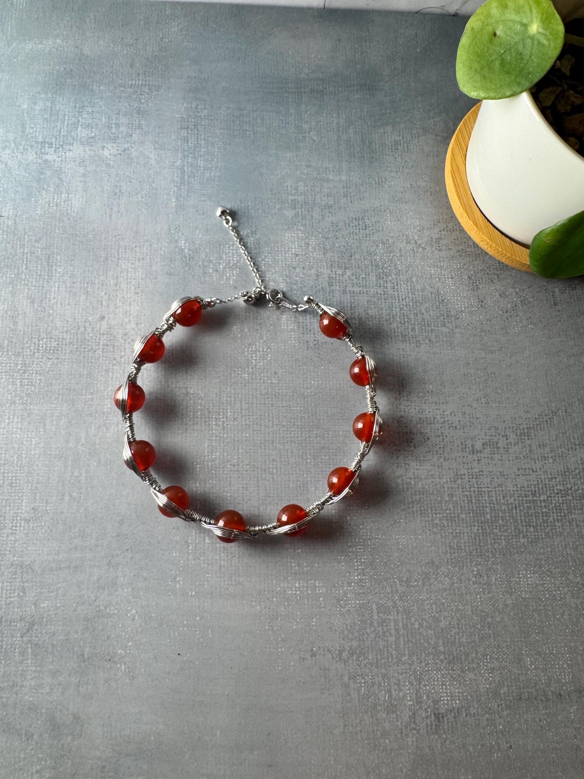 Carnelian Wire-Wrapped Bracelet | Rhodium-Plated S925 Sterling Silver | Adjustable Handmade Jewelry - Image 6