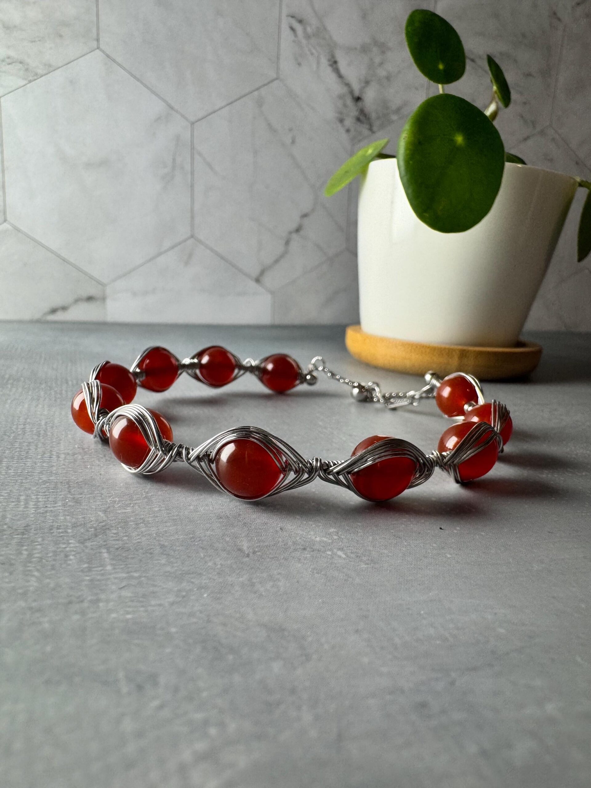 Carnelian Wire-Wrapped Bracelet | Rhodium-Plated S925 Sterling Silver | Adjustable Handmade Jewelry - Image 8