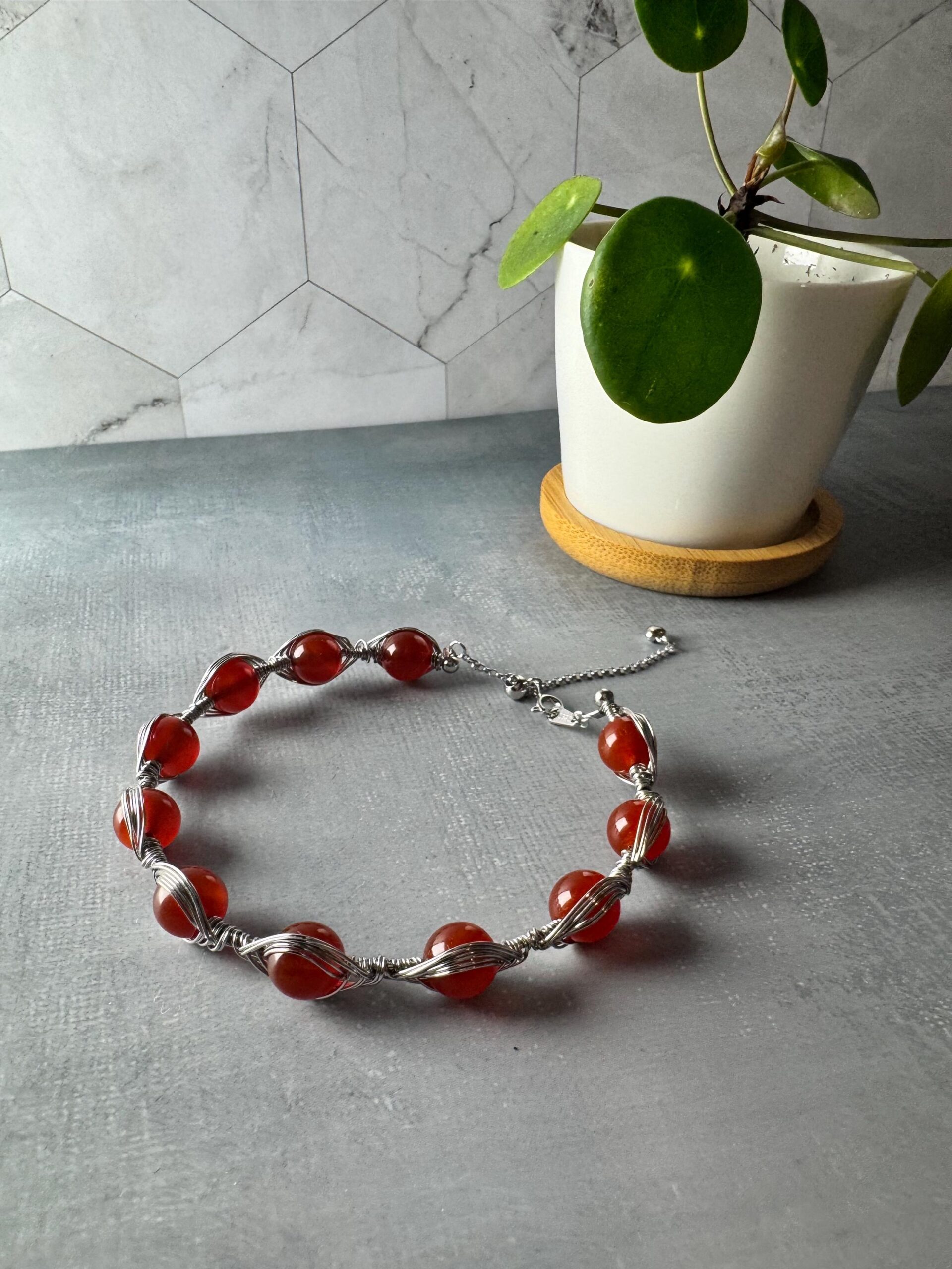 Carnelian Wire-Wrapped Bracelet | Rhodium-Plated S925 Sterling Silver | Adjustable Handmade Jewelry - Image 7