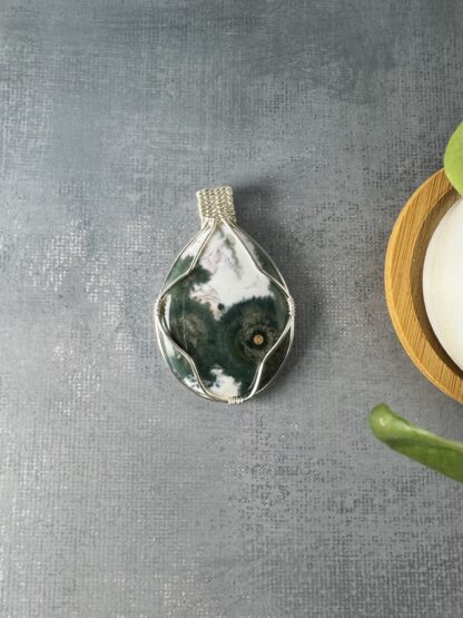 Ocean Jasper Wire Wrapped Pendant – Silver Plated Artistic Necklace - Image 4
